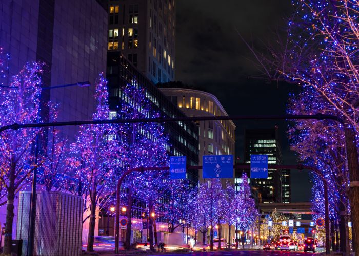 Brightly lit trees line Midosuji Avenue in Osaka during the winter