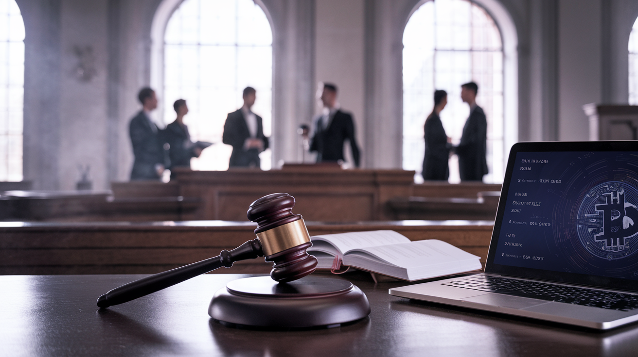 Create a realistic image of a courtroom interior with a judge's gavel prominently displayed on the bench, alongside a laptop showing blockchain data and a physical ledger book, symbolizing the intersection of technology and traditional legal systems. In the background, blurred figures of lawyers can be seen discussing, emphasizing the ongoing debate. Soft, natural light filters through large windows, creating a solemn atmosphere that underscores the gravity of legal and ethical considerations in blockchain technology.