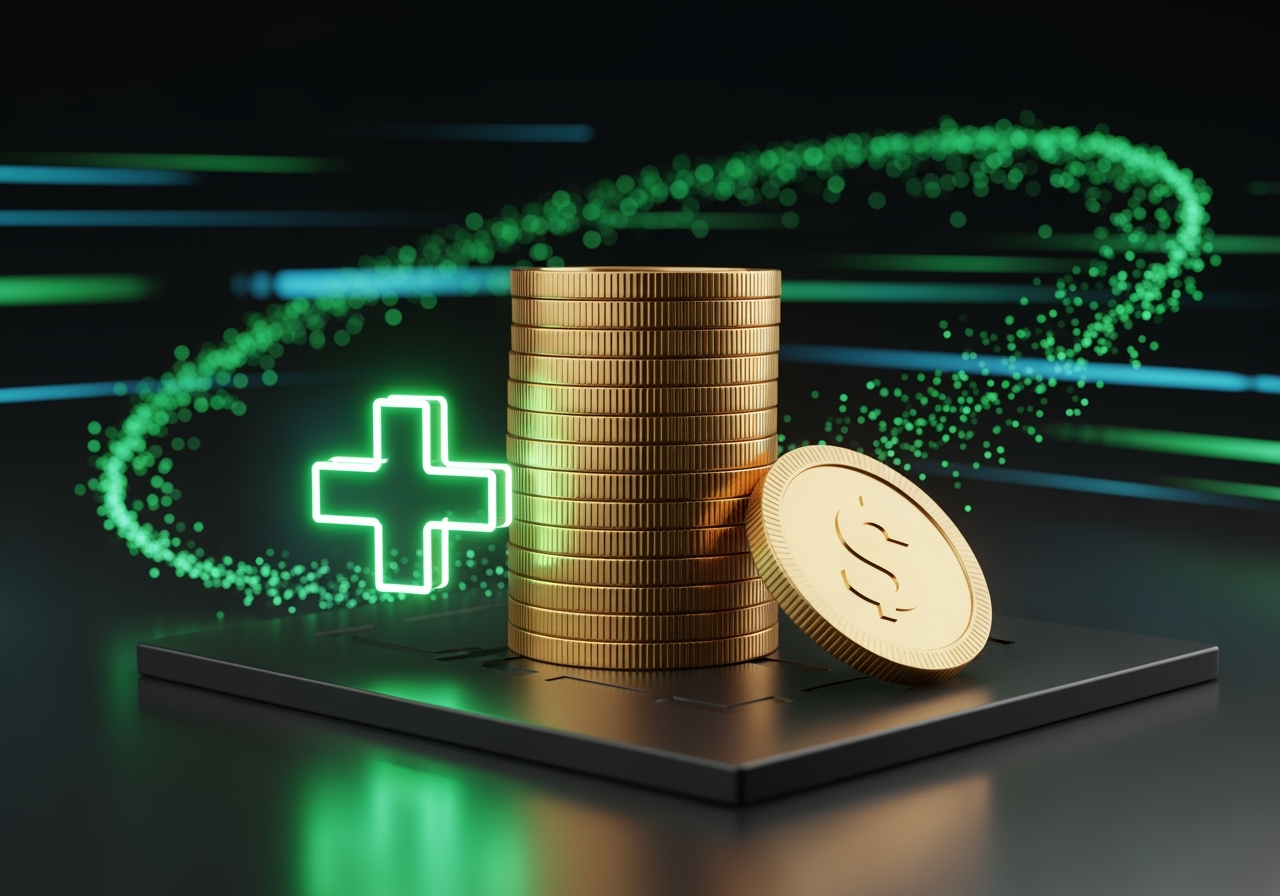A stylized digital illustration showing a stack of gold coins on a sleek, dark platform. A glowing neon green plus sign (+) hovers beside the stack, symbolizing a bonus. Abstract digital particles and light trails swirl in the background, conveying a modern, tech-savvy, and positive financial boost.