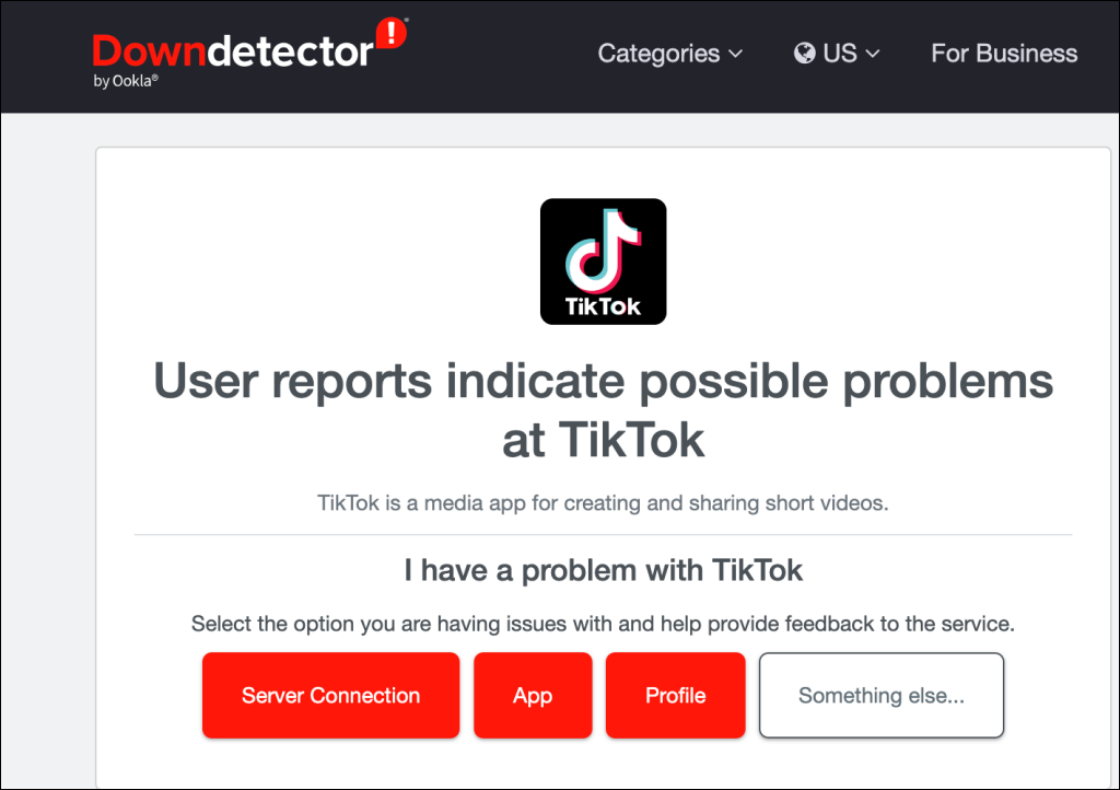 TikTok server status report on Downdetector