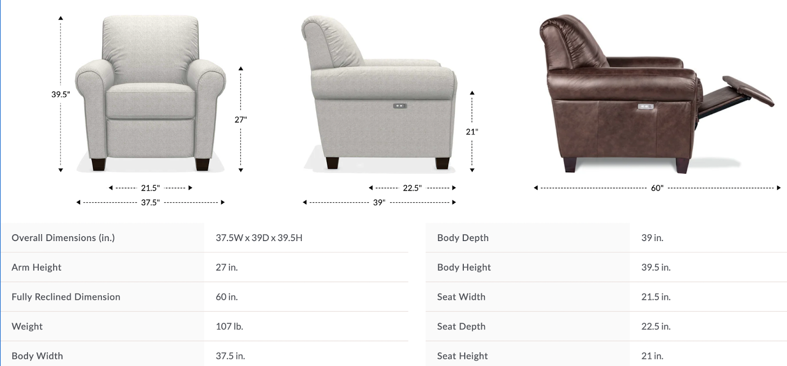 bennett duo reclining chair size and dimensions