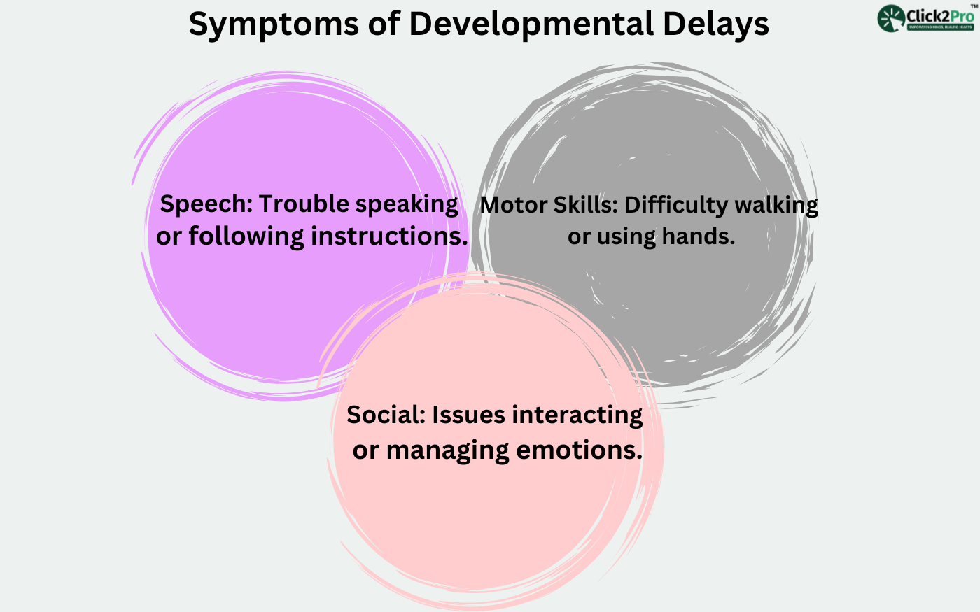 Symptoms of developmental delays: Speech issues, motor skill challenges, and social interaction problems.