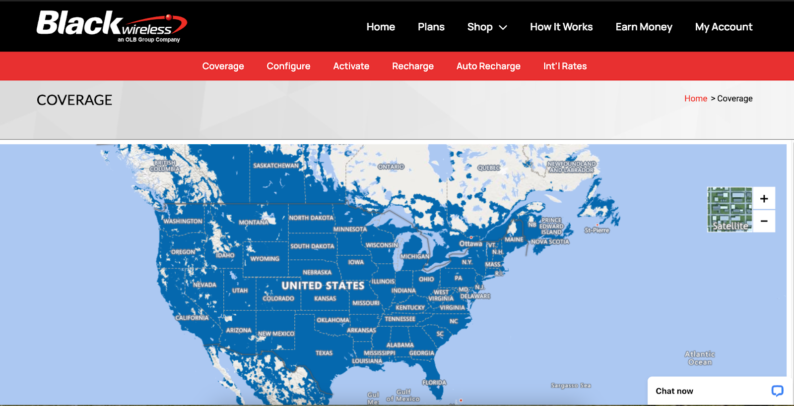 A screenshot of Black Wireless coverage map USA