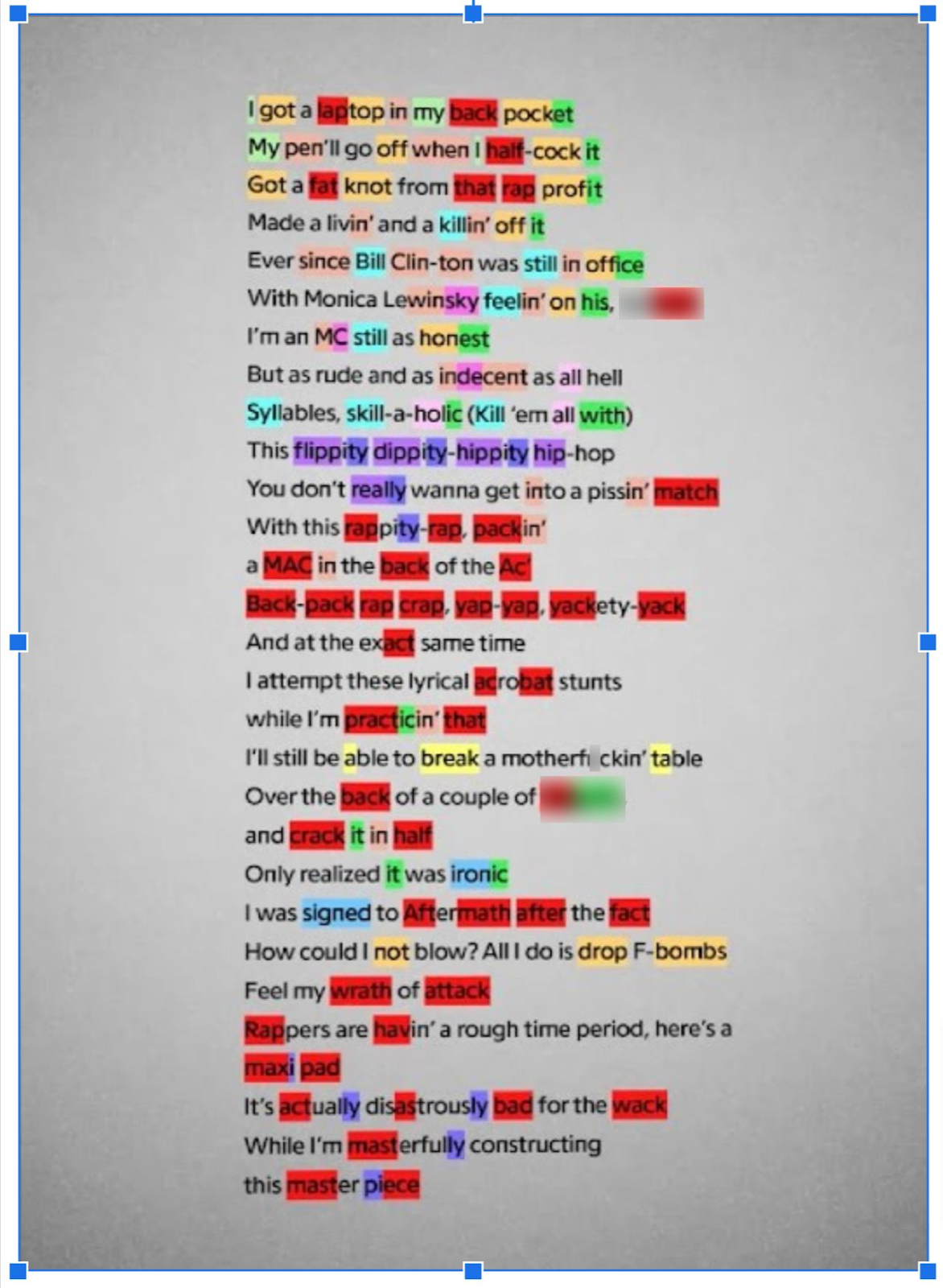 These are they lyrics to "Rap God" by Eminem that color code all of the rhyme schemes within the first verse.