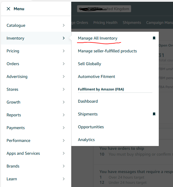 Seller Central manage all inventory underlined