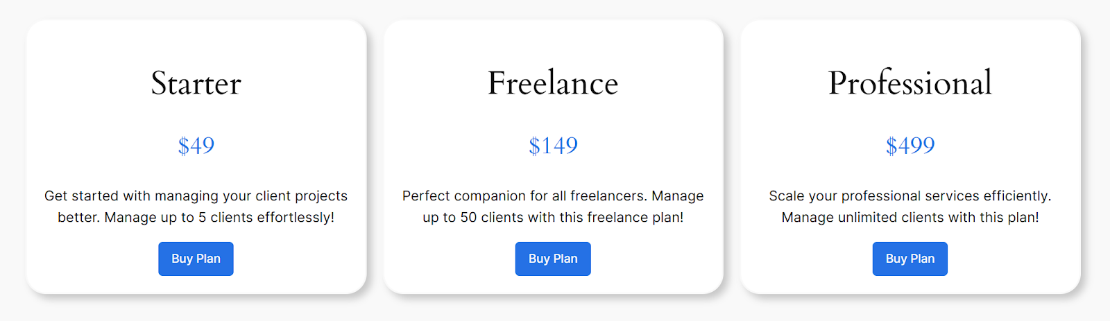 A final frontend render of the three pricing table blocks after values have been added.