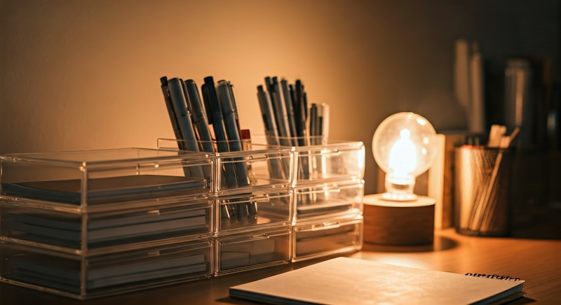 Close-up of MUJI acrylic cases