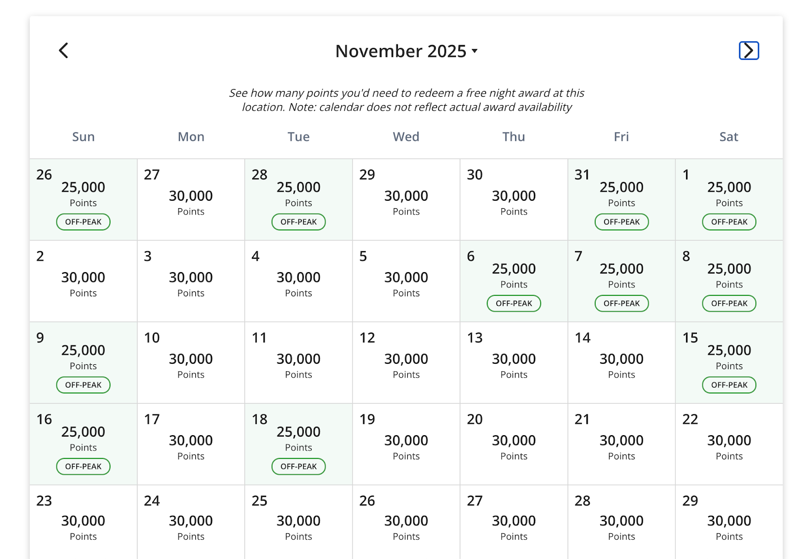 Hyatt Points Calendar