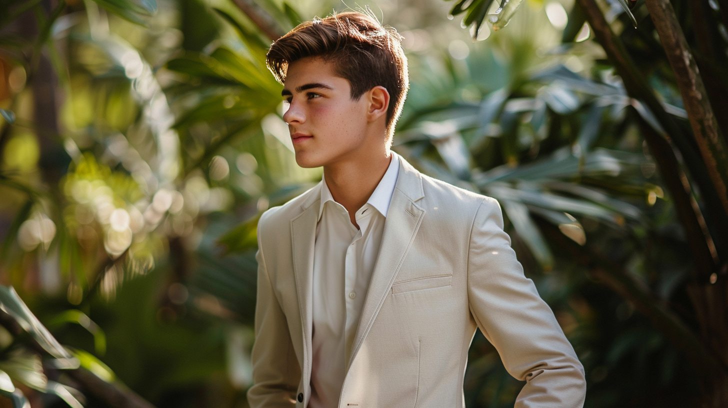 Teen guy in a white, cream, or light grey suit, perfect for spring or outdoor prom. Clean and simple styling, open space with natural light and greenery in the background.