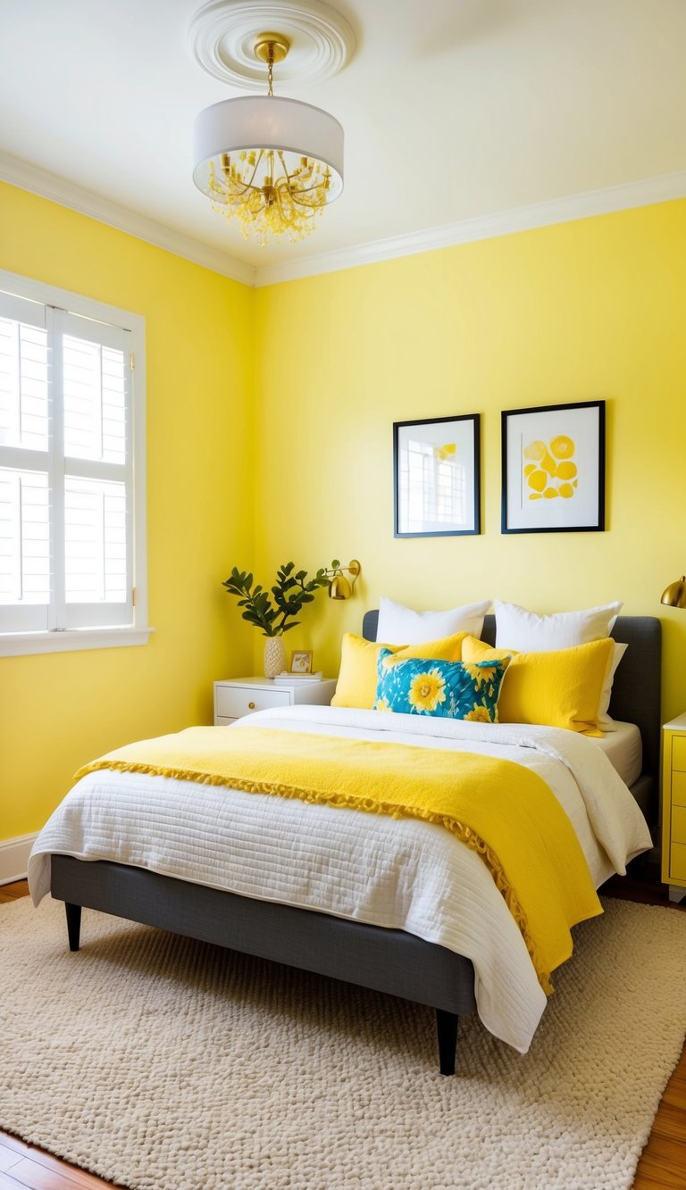 A bright yellow bedroom with lemon zest walls, a cozy bed, and vibrant decor