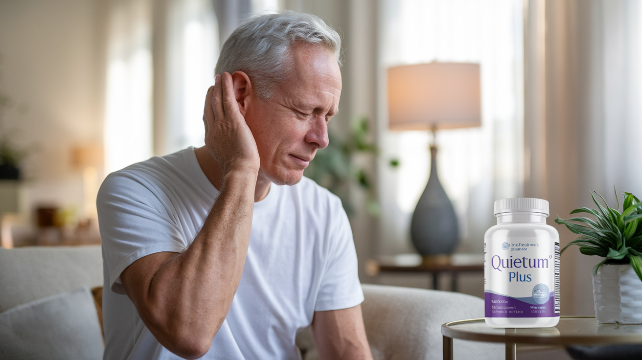 Create a realistic image of a middle-aged white male with a relieved expression touching his ear, sitting in a peaceful living room with soft natural light, a bottle of Quietum Plus supplement prominently displayed on a side table, with visual elements suggesting relief from tinnitus such as sound wave graphics fading away, creating a serene and hopeful atmosphere.