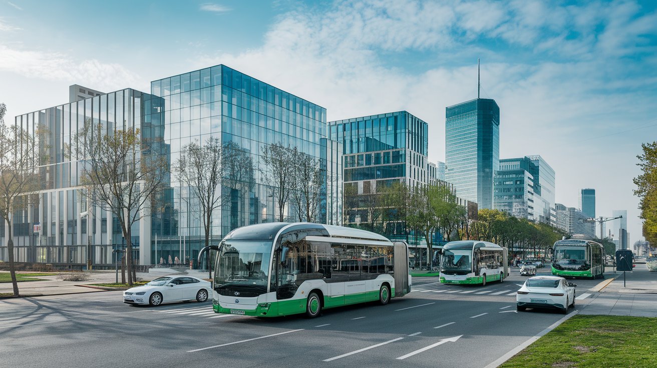 A cityscape with electric buses and cars moving through clean, smog-free air