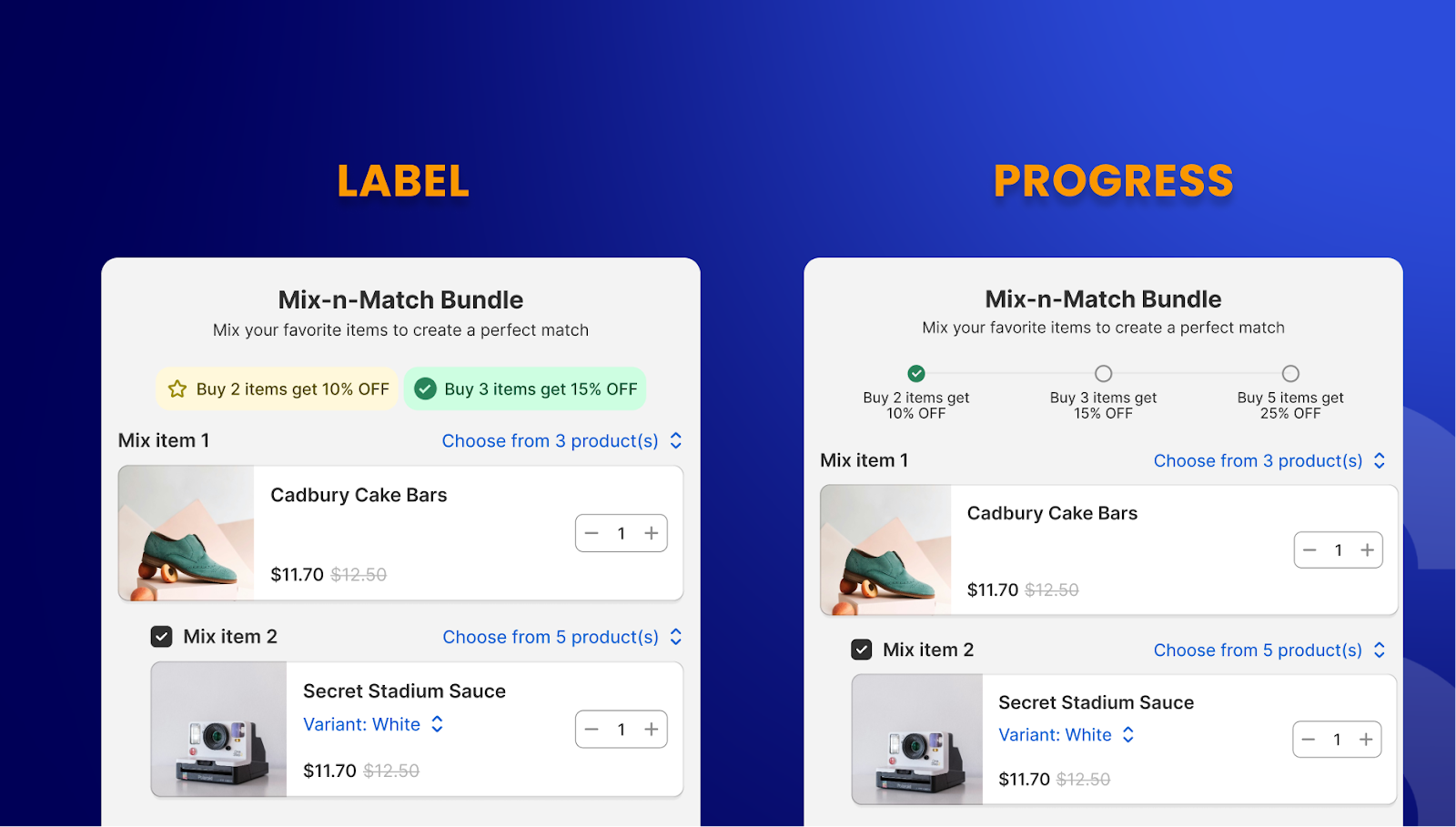 mix and match bundle with progressing bar and label 