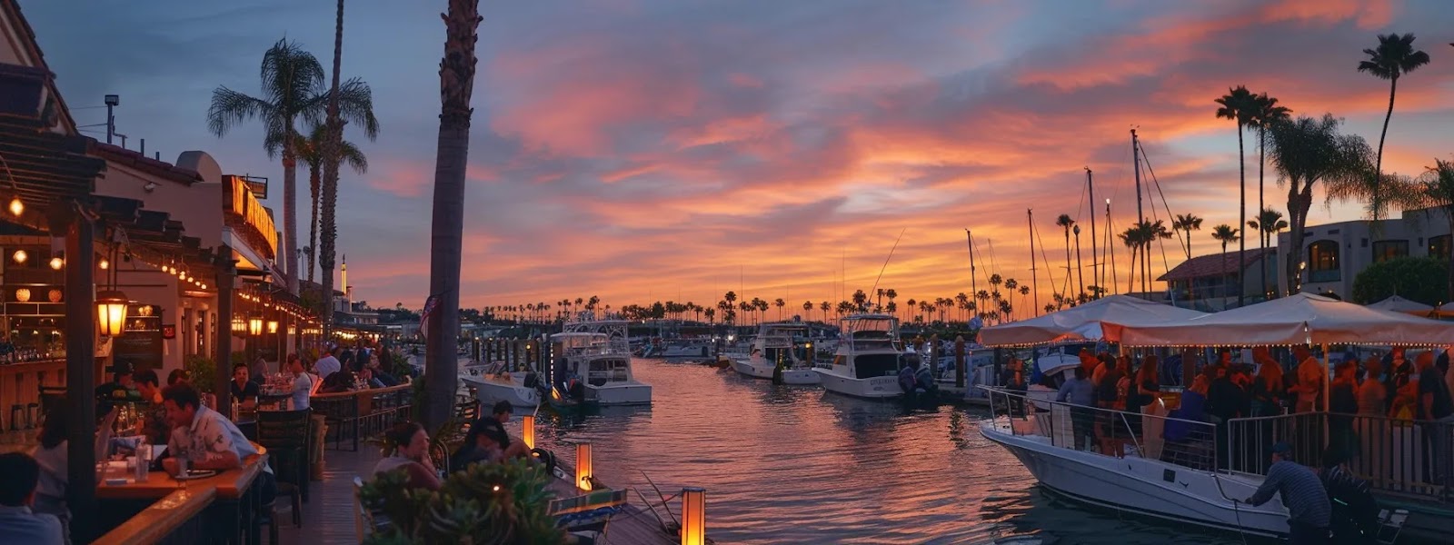 a vibrant waterfront scene at balboa bay resort in newport beach, with duffy and pontoon boats docked in the harbor, surrounded by diners enjoying fresh shrimp dishes with a view of the pacific ocean.