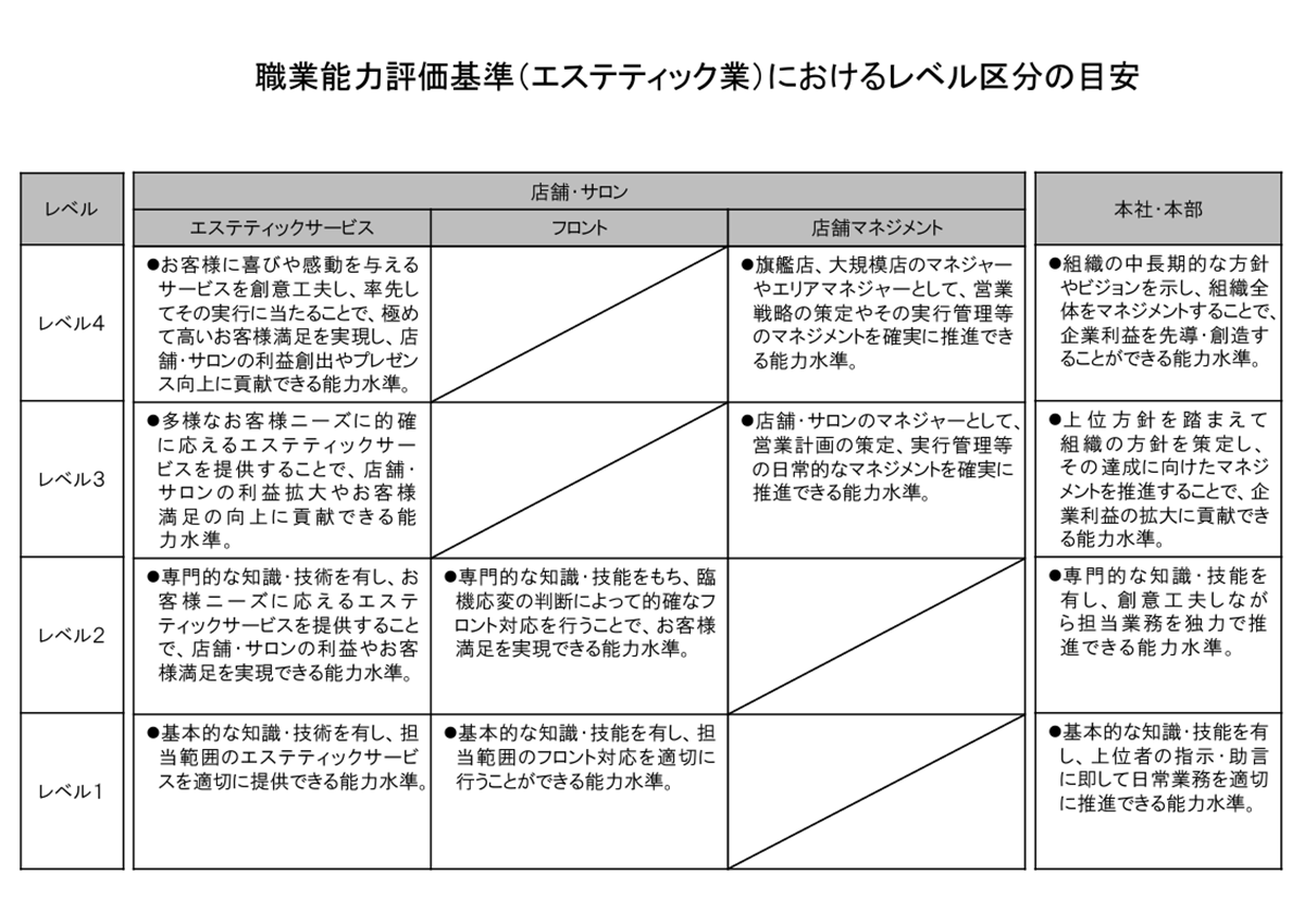 エステティック業に関する職業能力評価基準をレベル区分している画像