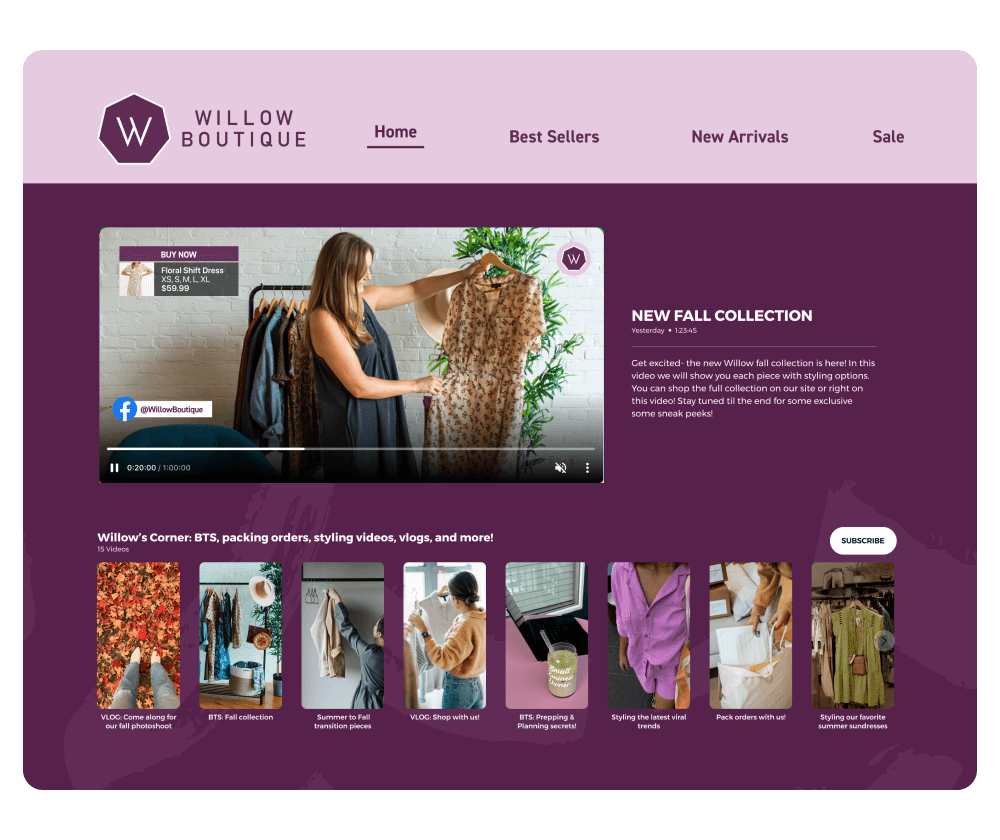 Homepage of a fashion boutique website featuring videos showcasing the latest collections and styles.