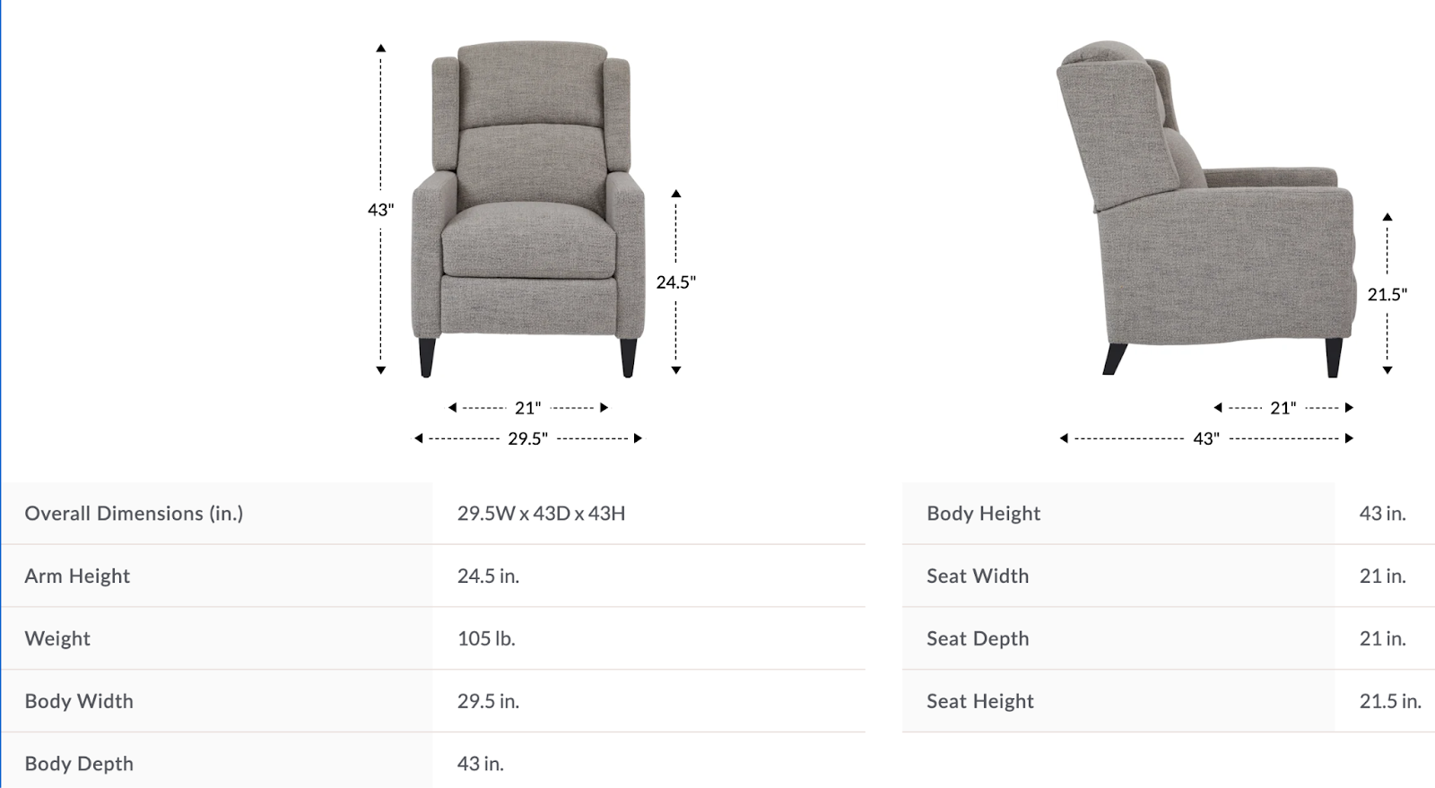 dante high leg recliner size and dimensions