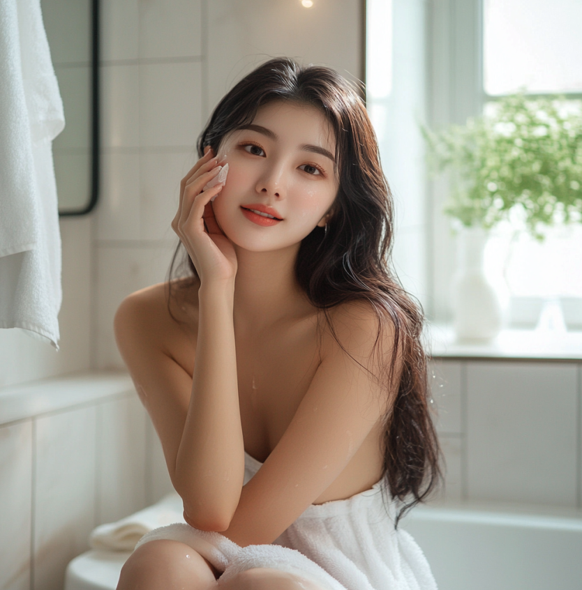 Attractive asian woman with long brown hair that is wavy sitting in her bright modern bathroom smiling at the camera wearing only a towel and applying coconut oil to her face with a small towel to remove makeup. Featured in the blog "Can I Use Coconut Oil As A Body Cream?"