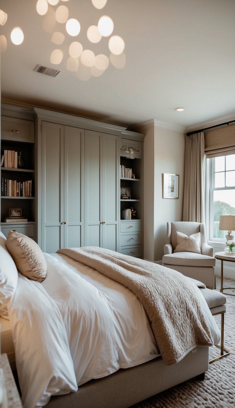 A cozy bedroom with a large bed, soft bedding, a spacious wardrobe, and a comfortable reading nook with a plush armchair and a side table