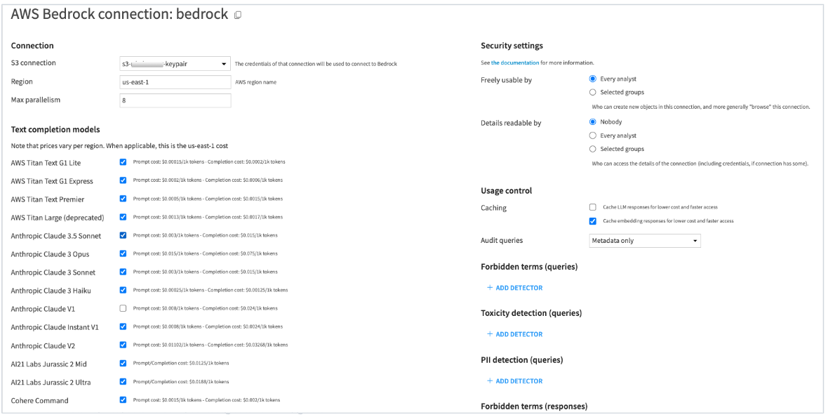 Dataiku provides direct connections to LLM providers via a secure API gateway with built-in security and usage controls.