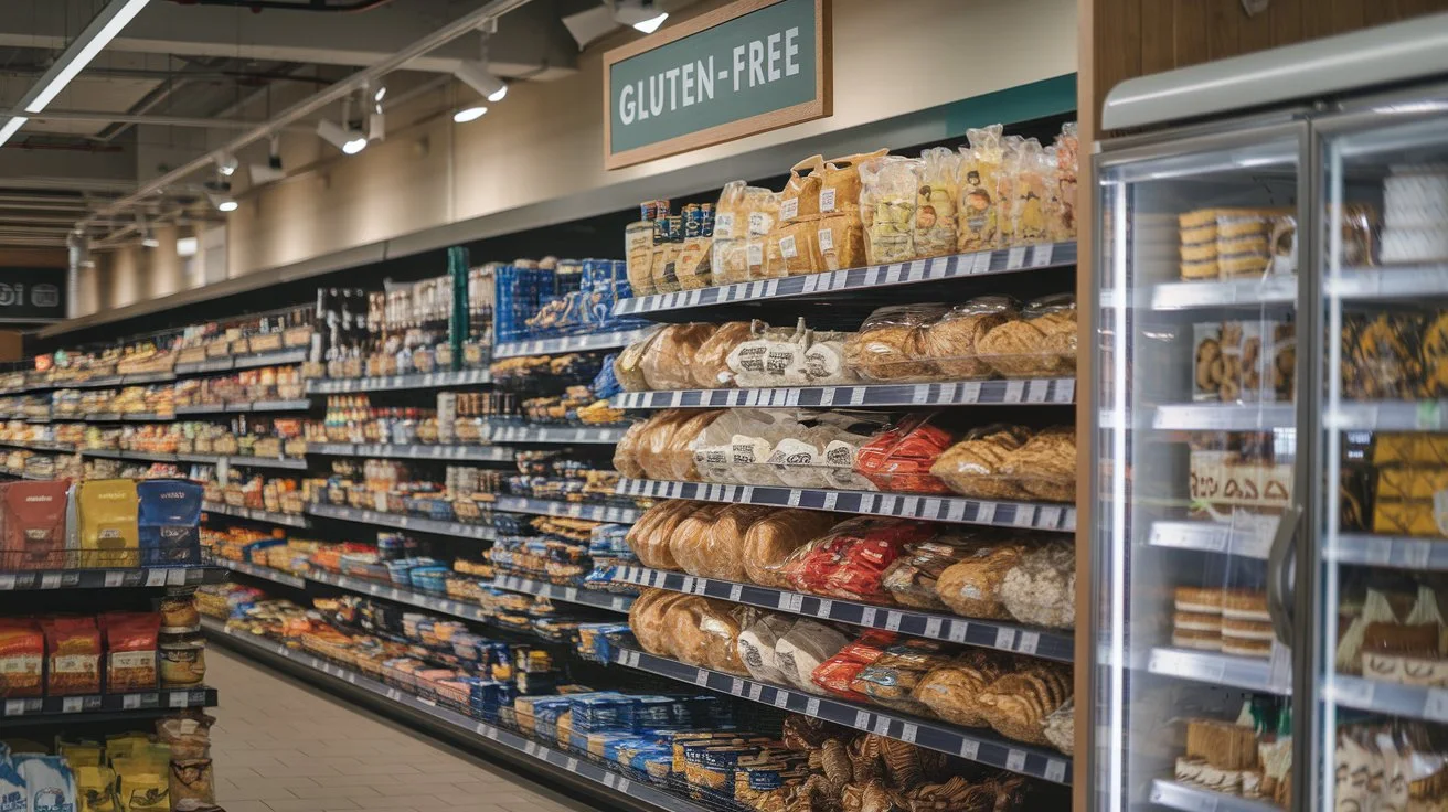 A supermarket aisle dedicated to gluten-free products, including breads, pastas, and snacks.