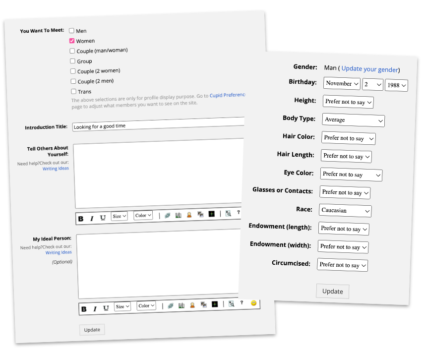 FriendFinder X profile completion sections. User related personal questions and information.