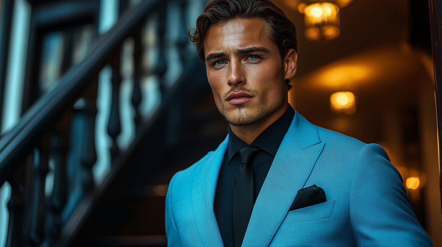 A stylish man wearing a light blue suit with a bold black shirt. The setting is an upscale evening event with dim lighting, modern architecture, and a sleek, fashionable ambiance. The suit is well-fitted, paired with a matching black tie and sharp accessories. Photorealistic, high detail, fashion photography style.