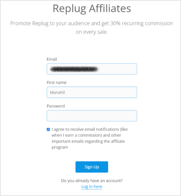 Replug Affiliate program- Sign up form