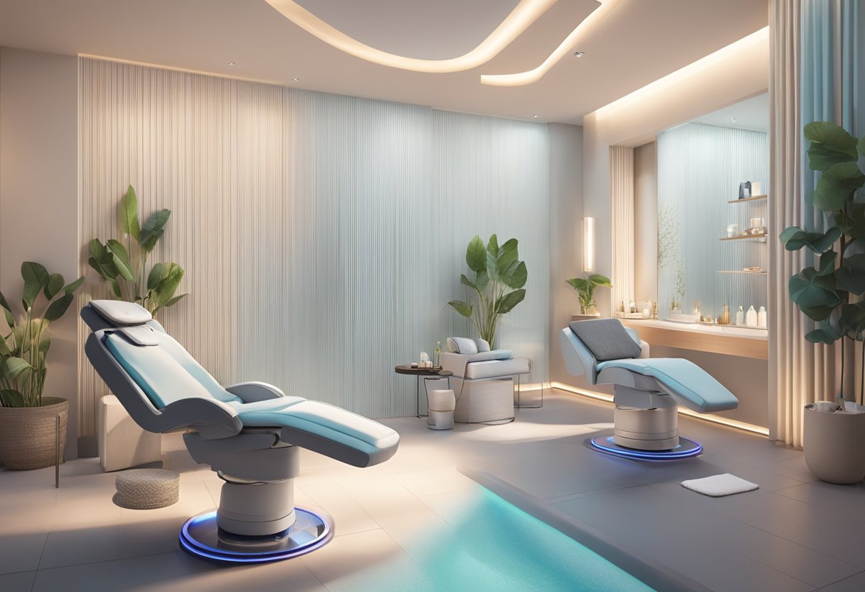 A serene spa room with a comfortable reclining chair, soft ambient lighting, and a professional lash lift kit displayed on a clean, organized table