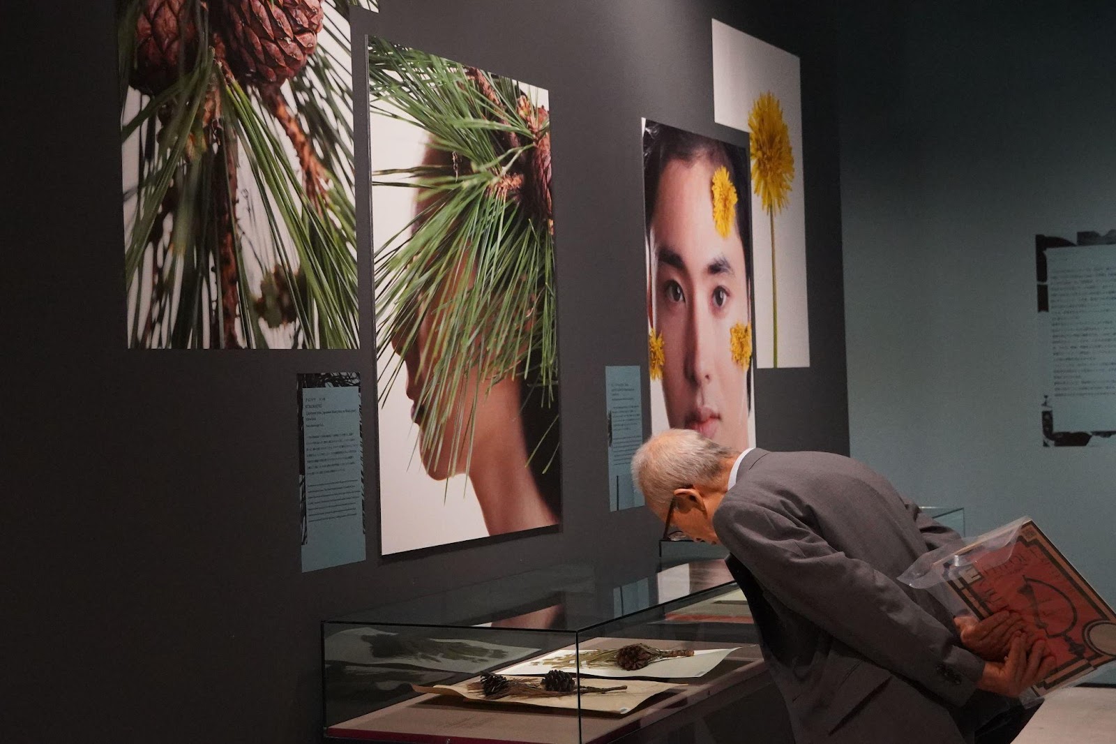 A person looking at pictures on the wallDescription automatically generated
