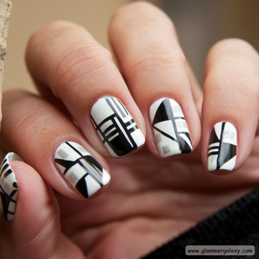 White Fall Nails having Geometric Abstracts
