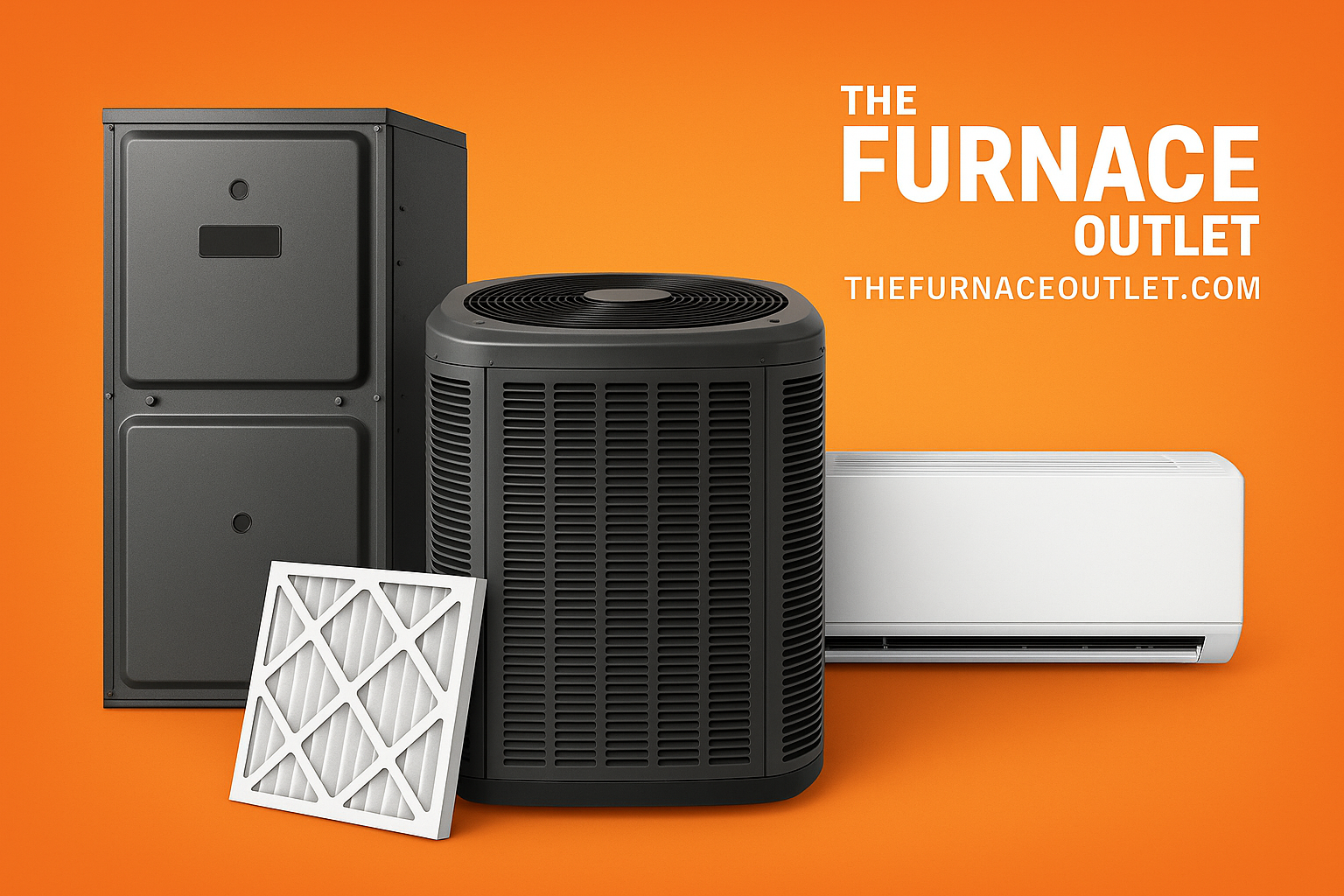 A high-resolution digital photograph displays three HVAC products—furnace, air conditioner, and mini-split—alongside an air filter, set against an orange background with The Furnace Outlet branding.