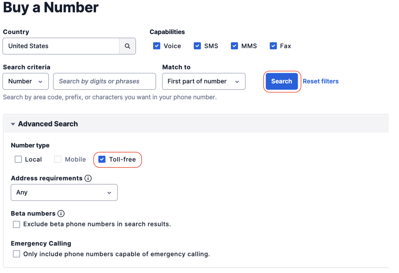 Screen grab of advanced settings on Twilio's buy a number console. 