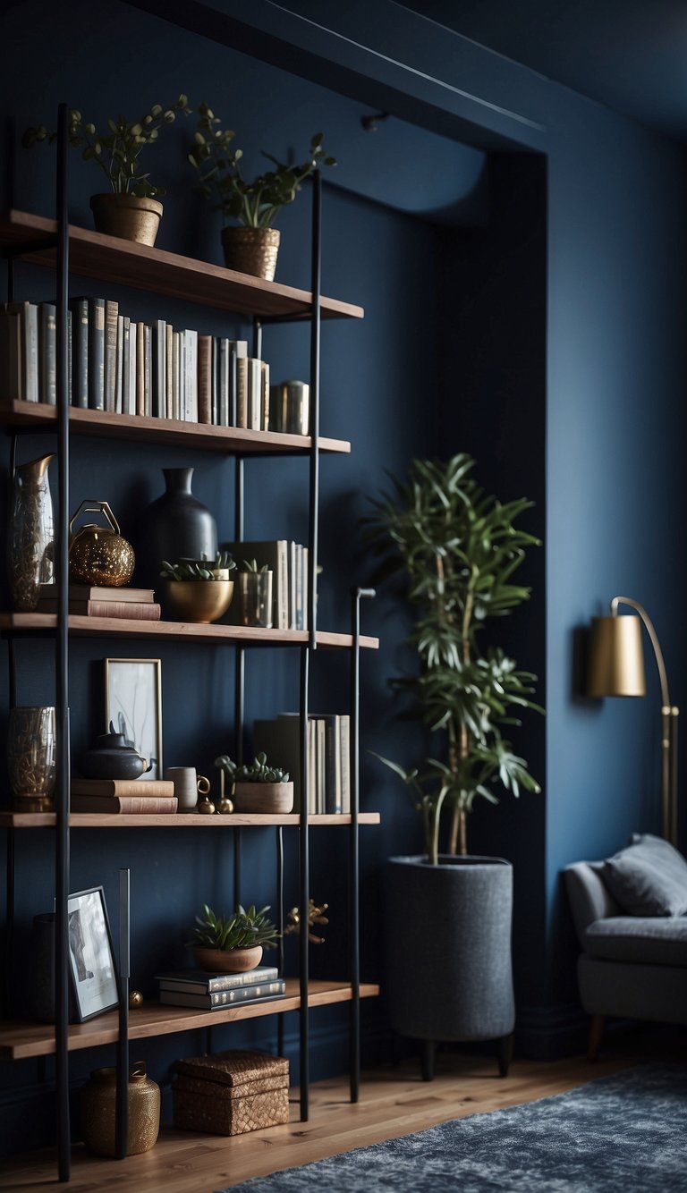 A navy bookcase stands against a dark blue bedroom wall, filled with books and decorative items. The room exudes a cozy and sophisticated atmosphere