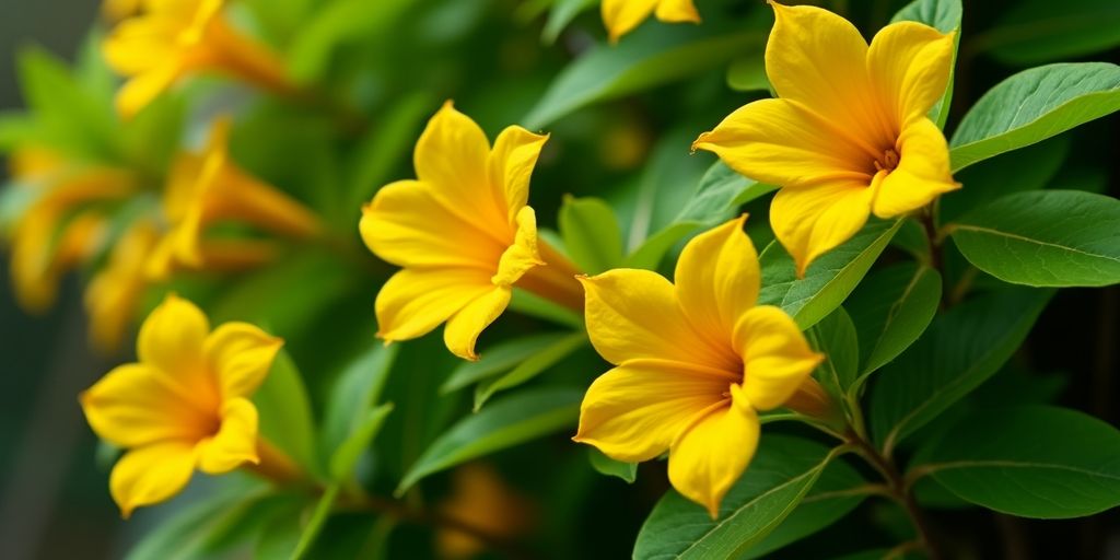 Flores amarelas de Alamanda em folhagem verde.