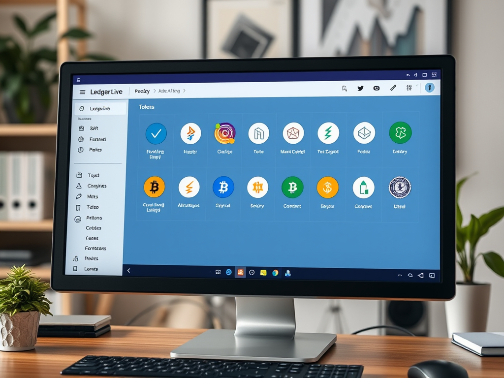 Create a realistic image of a desktop computer screen displaying the Ledger Live interface, showing multiple cryptocurrency icons and tokens, including lesser-known altcoins, to illustrate expanded asset support. The screen should be crisp and well-lit, with a blurred background suggesting a home office setting.