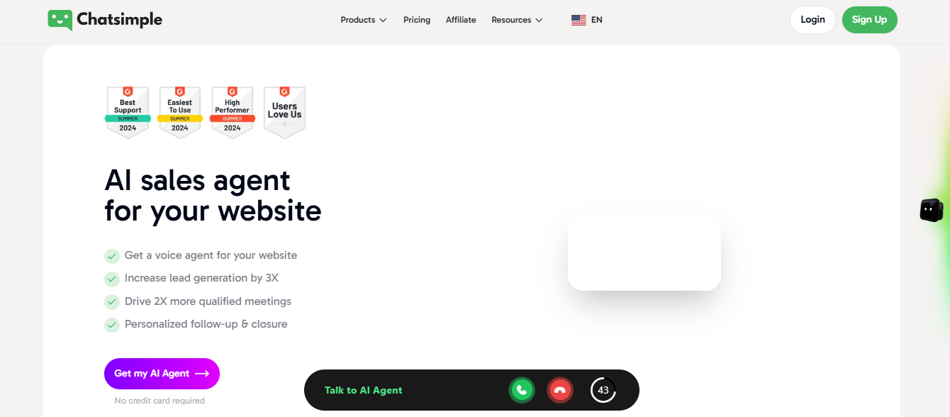 Best AI Tools in 2025 - Screenshot of Chatsimple AI Chatbot Support