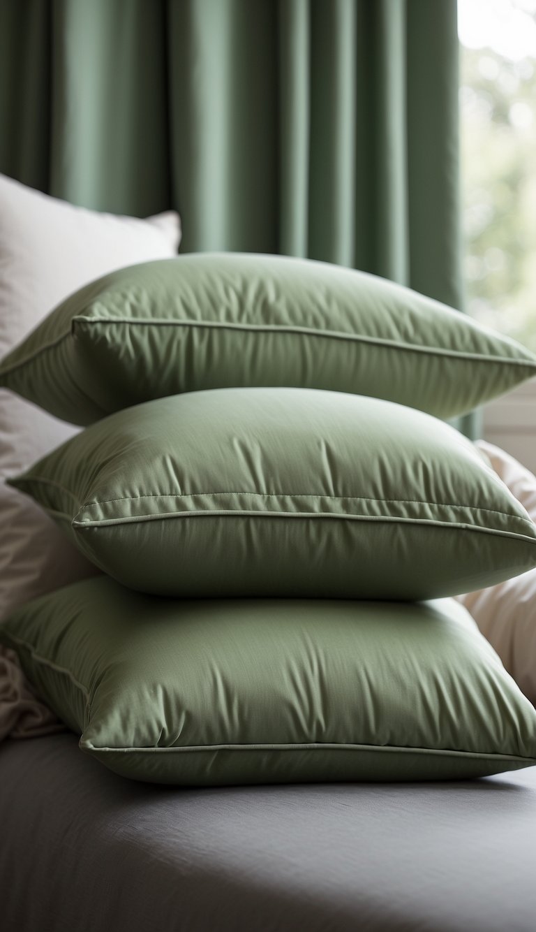 Sage green throw pillows arranged on a bed in a serene bedroom setting