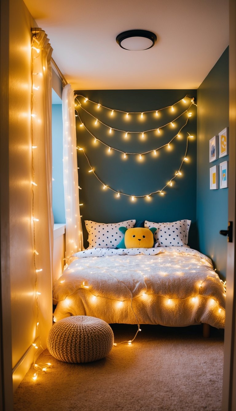 A cozy kids' bedroom with fairy lights draped around the bed and walls, creating a warm and magical atmosphere