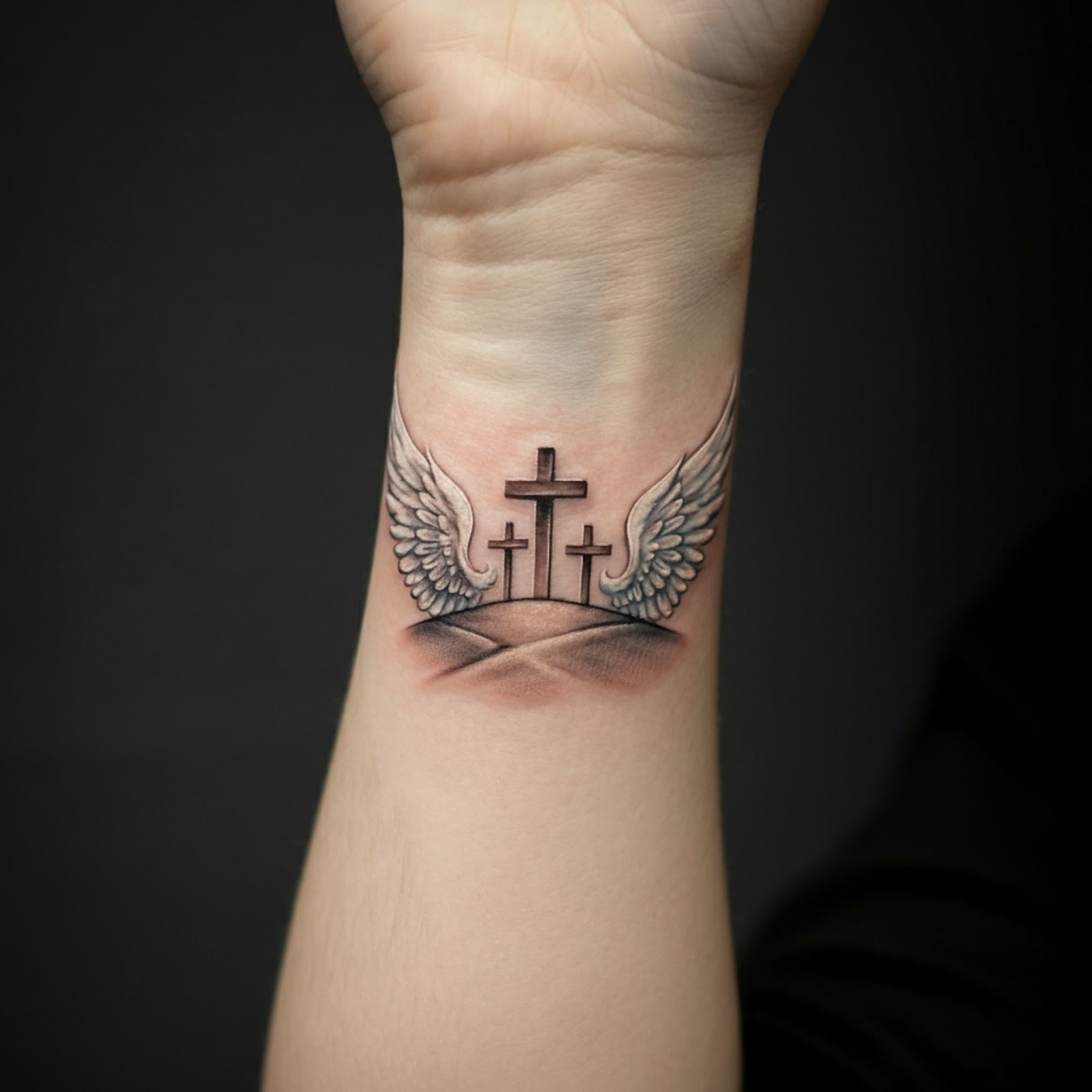 Three Crosses on a Hill with Angel Wings Tattoo