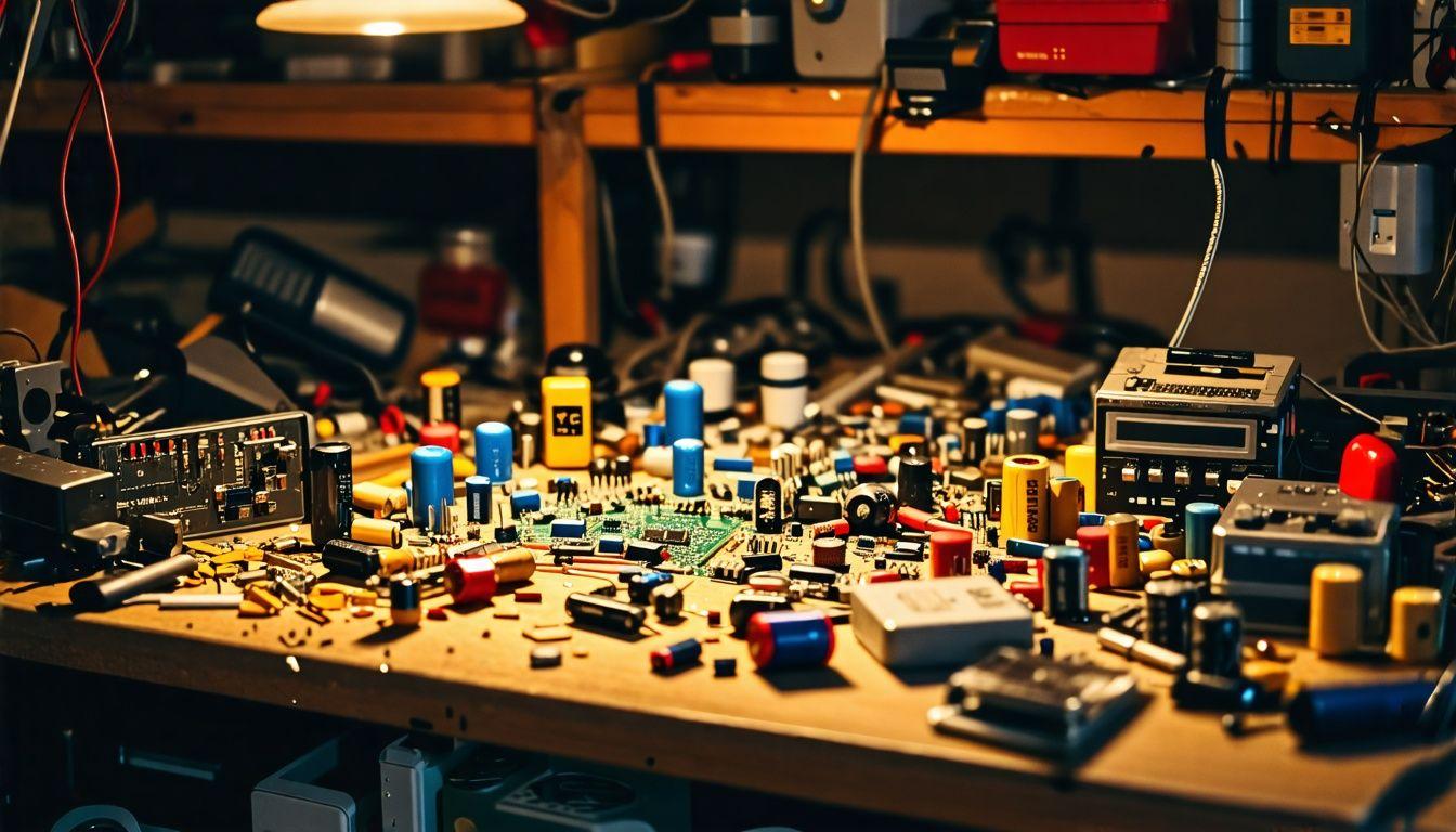 A cluttered workbench with scattered electronic components in a workshop.