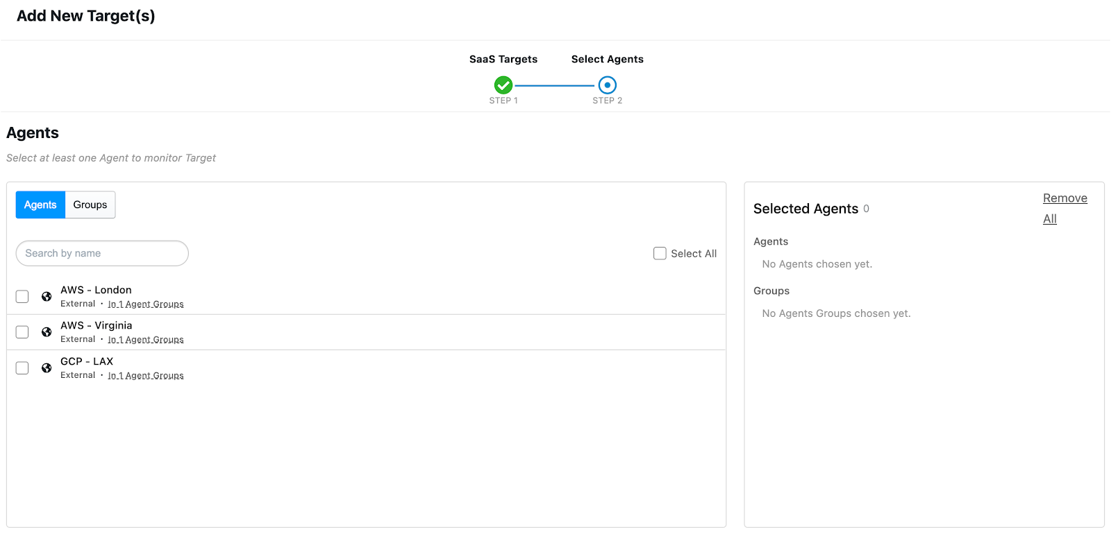 Select the agent that will run the tests to the website.