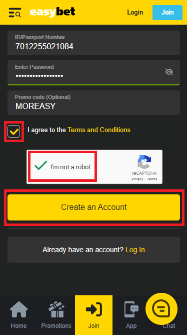 Create Easybet account