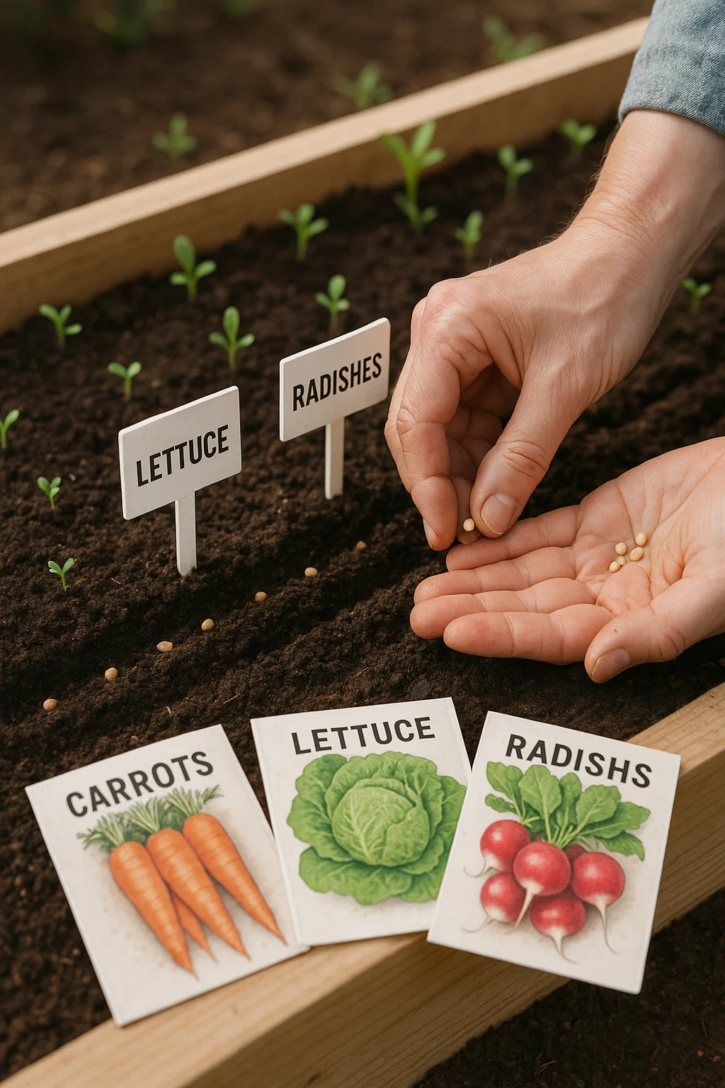 A close-up image of a raised garden bed filled with fresh soil, where a gardener is planting seeds in neat rows. Visible details include seed packets, labeled plant markers (e.g., carrots, lettuce, radishes), and a hand gently pressing seeds into the soil. The lighting is soft and natural, with a few seedlings already sprouting nearby to hint at success. The scene should feel calm, organized, and full of potential—perfectly capturing the beginning of a thriving garden.