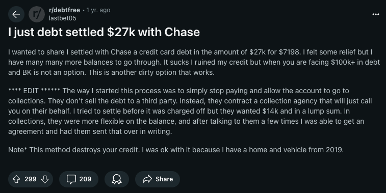 Reddit screenshot of individual sharing about his debt settlement deal.