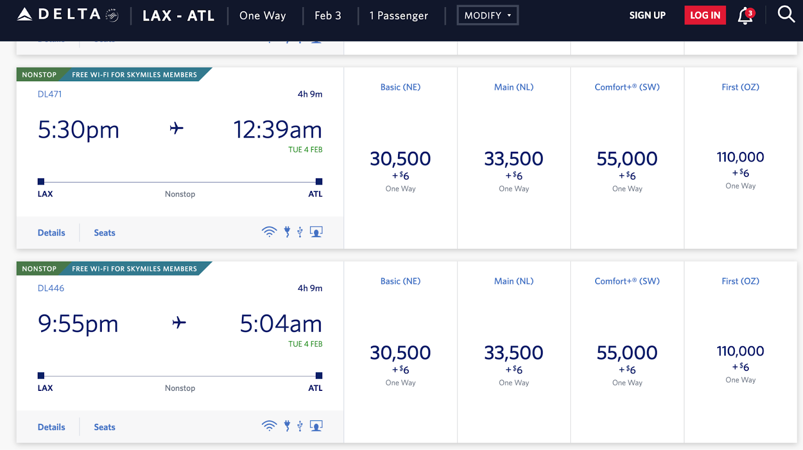 flight search results on Delta