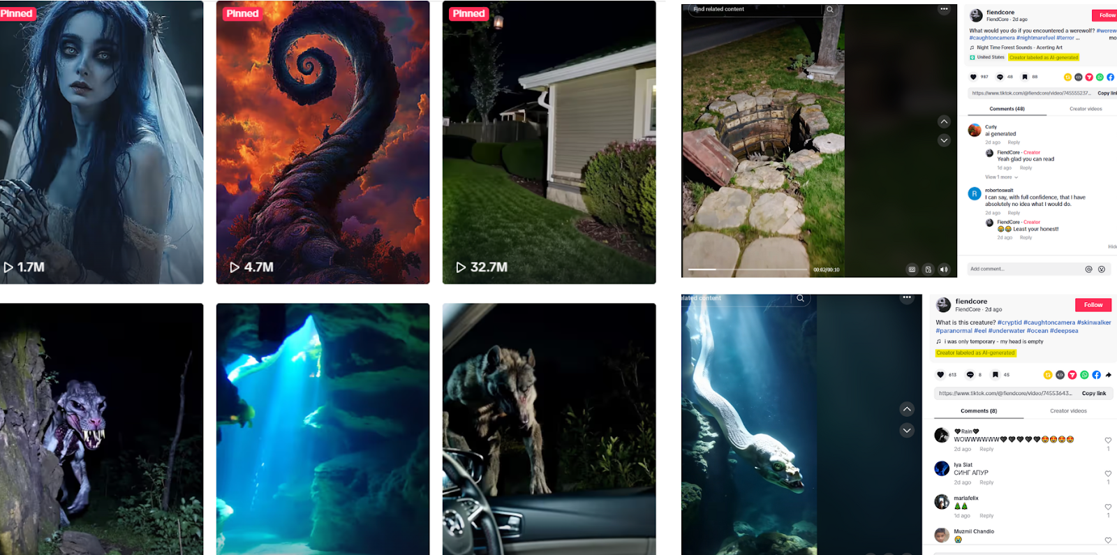 AI-generated content published on FiendCore’s TikTok account