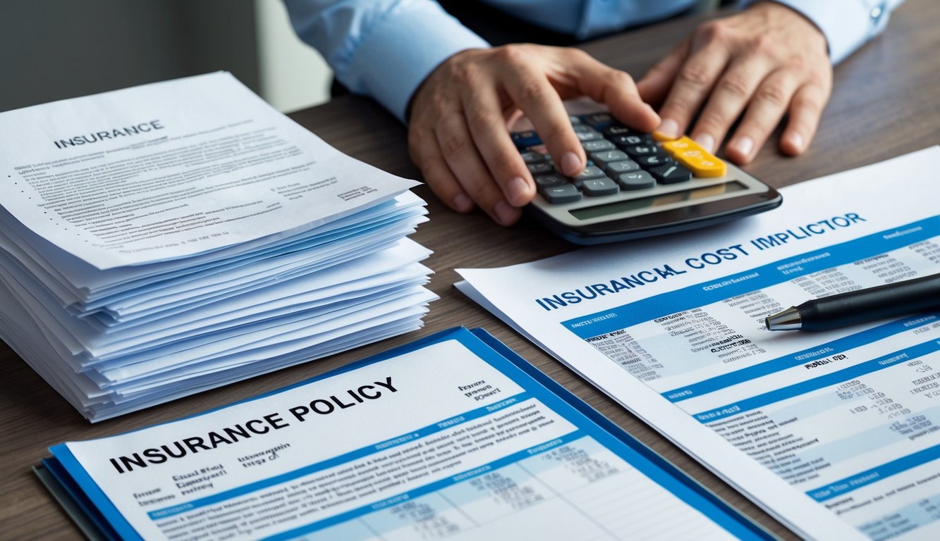 A stack of insurance policy documents next to a calculator and financial report, with a worried seller looking at the increasing cost implications