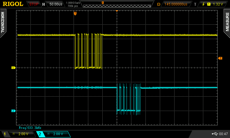 Oscilloscope capture of average Modbus response from an ORCA linear motor