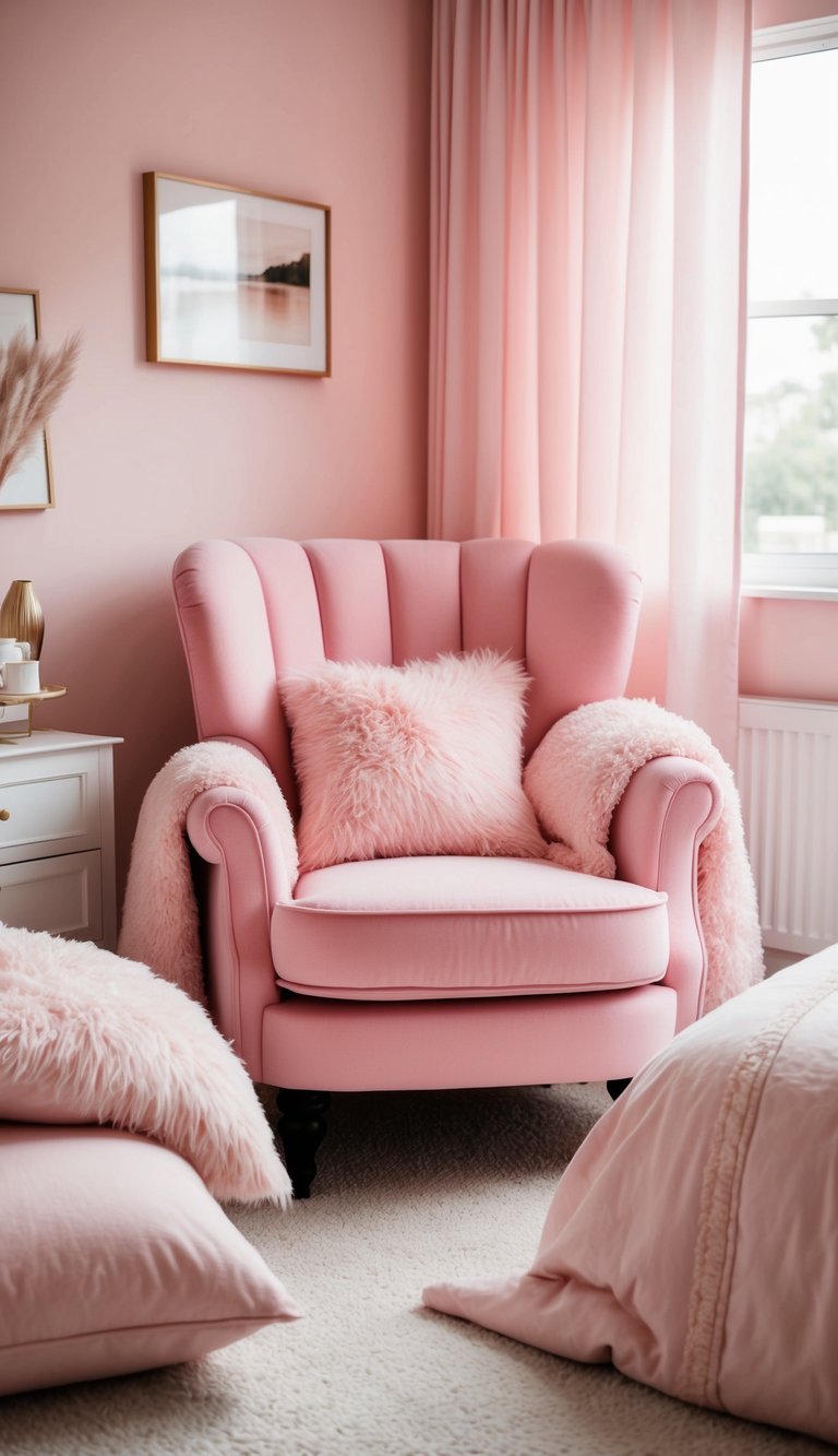 A cotton candy pink armchair sits in the center of a cozy pink bedroom, surrounded by fluffy pillows and soft blankets